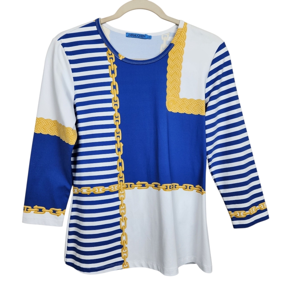 J. McLaughlin Nautical Striped Colorblock Chain Blue Gold Blouse Womens Size M